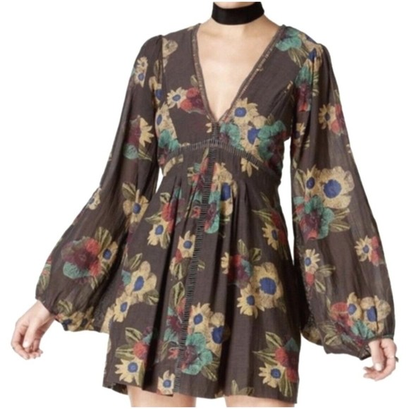 FREE PEOPLE Brown Mini Dress Floral Balloon Sleeve Boho Bohemian Festival XS - Picture 2 of 6